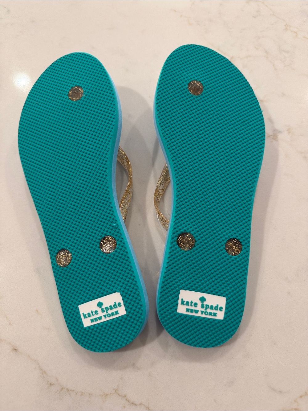 kate spade light blue flip flops with green palm and gold glitter straps - Picture 3 of 6